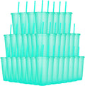 24oz Light Green Reusable Plastic Cups 36 Pack - Glitter Lid & Straw