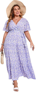 Women Plus Size V Neck Wrap Maxi Dress - Flowy Summer Fit