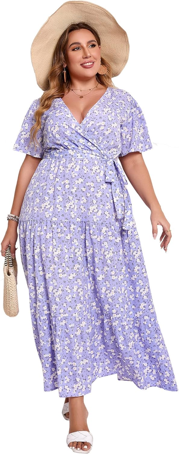 Plus Size V Neck Wrap Maxi Dress for Women with Ruffles