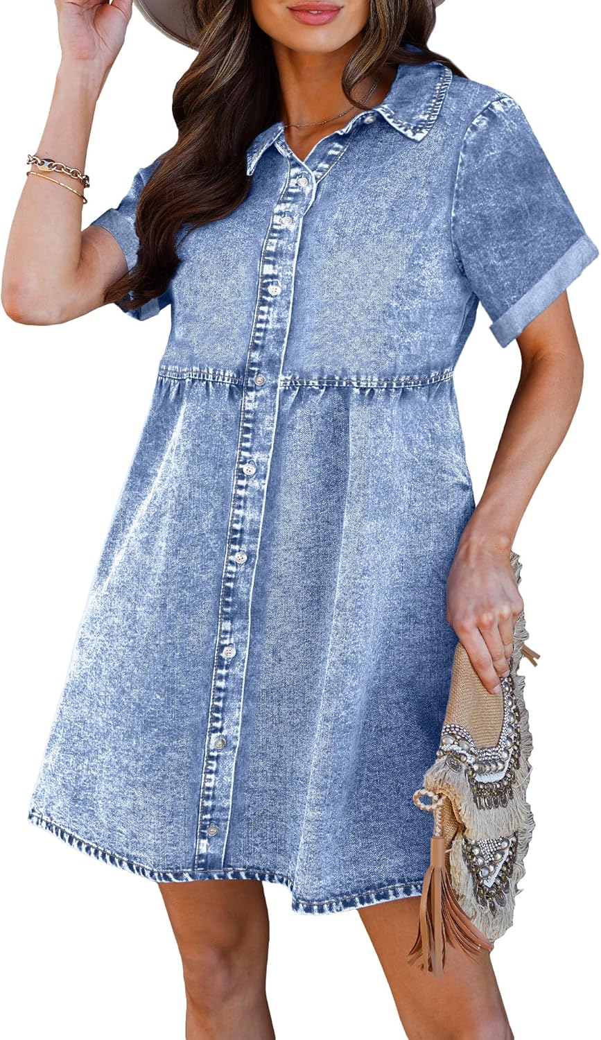 Luvamia Women's Casual Short Sleeve Denim Babydoll Dress Review