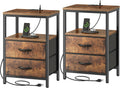 Rustic Brown Nightstands Set of 2 with Charging Station - Fabric
