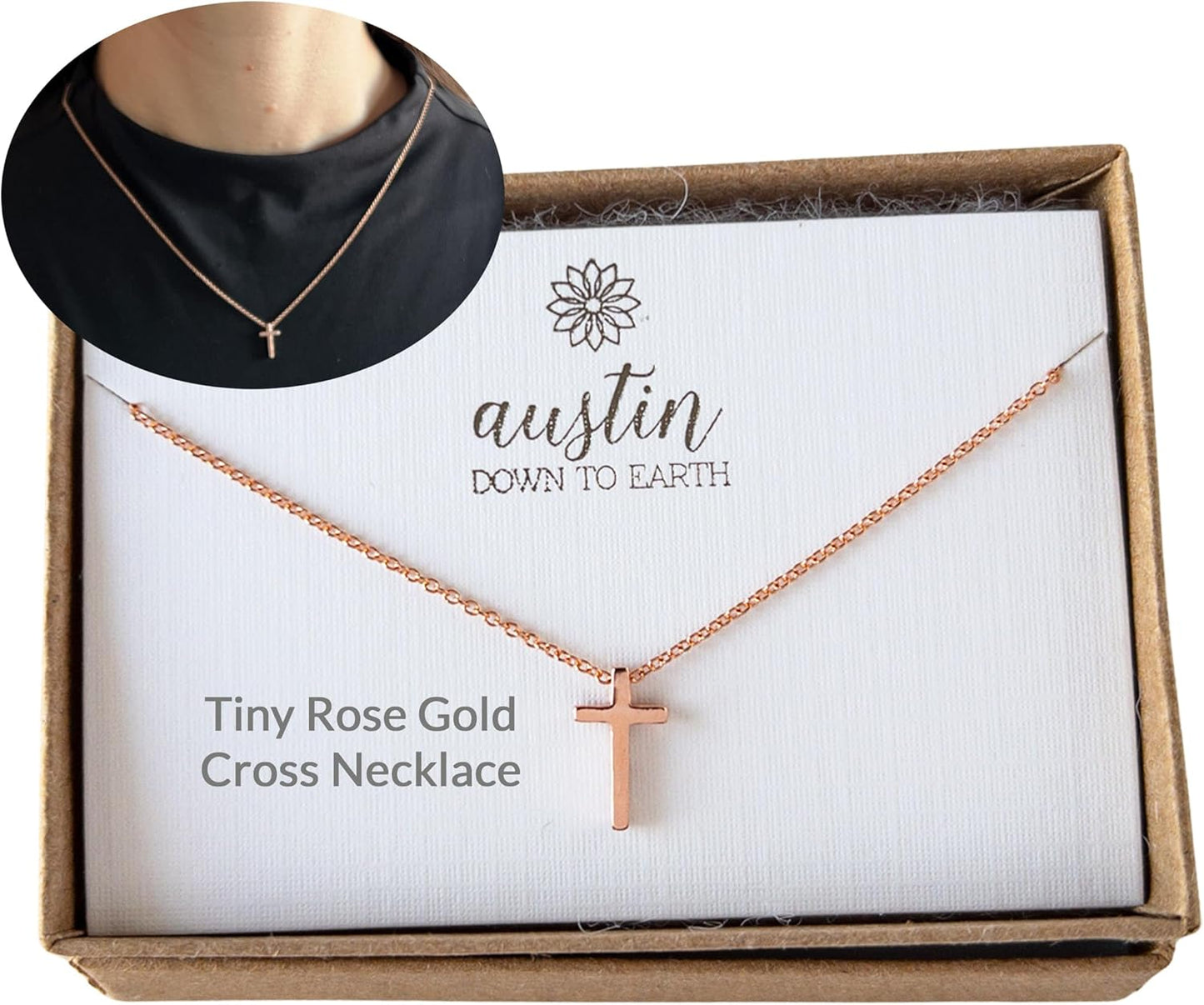 Rose Gold Tiny Cross Necklace - Dainty Small Pendant Jewelry