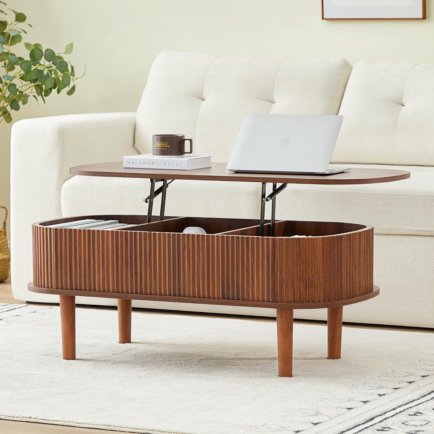 Fluted Lift Top Coffee Table with Hidden Compartment for Modern Homes