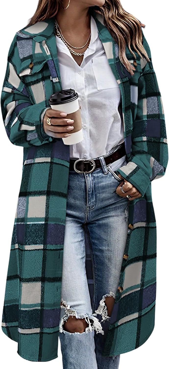 Himosyber Women's Casual Plaid Lapel Woolen Button Up Shacket