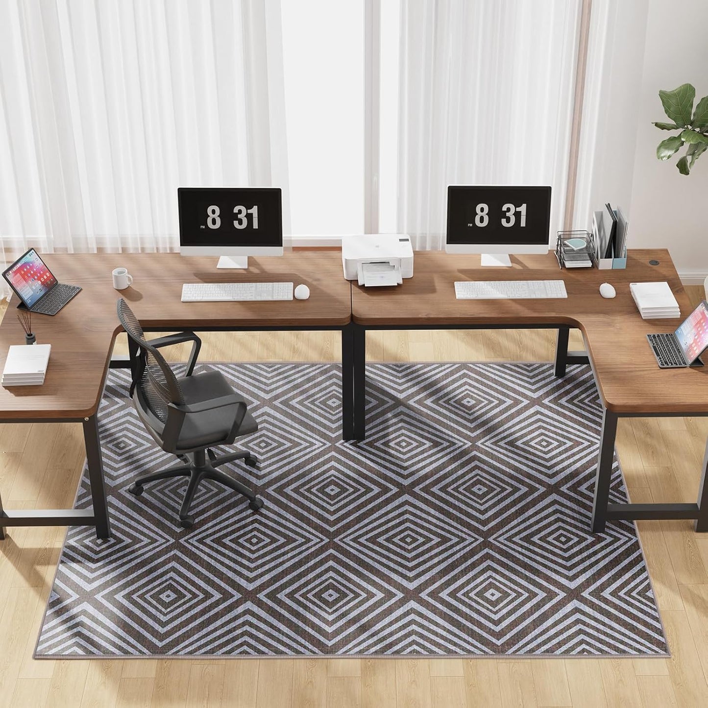 Blue&Black Checkered Diamond-Pattern Computer Chair Mat for Hardwood