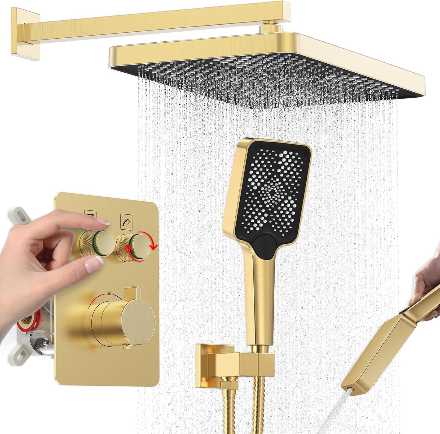 Iriver Thermostatic Shower System with 13 Inch Gold Rainfall Head
