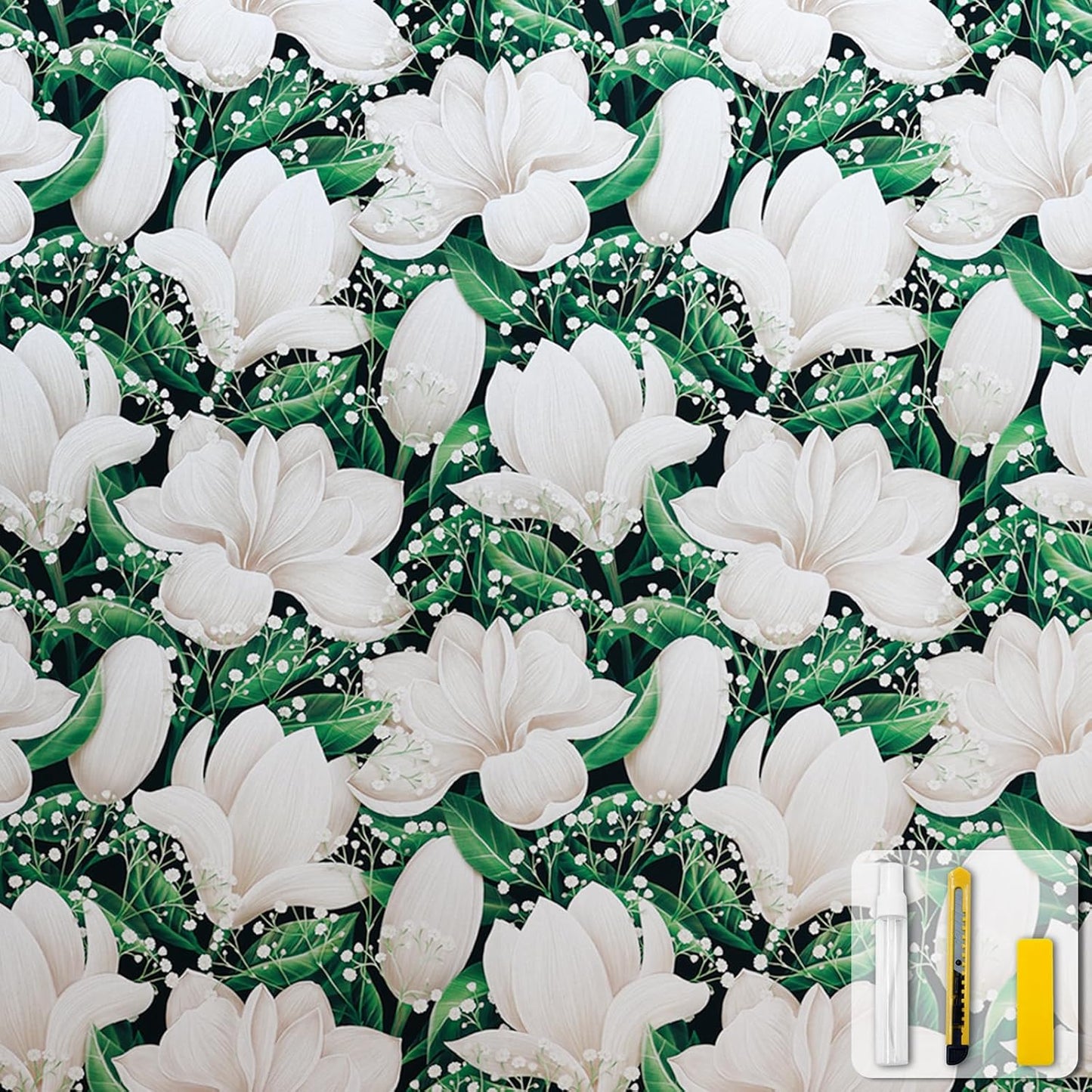 Stained Glass Window Privacy Film with Glittering Magnolia Design