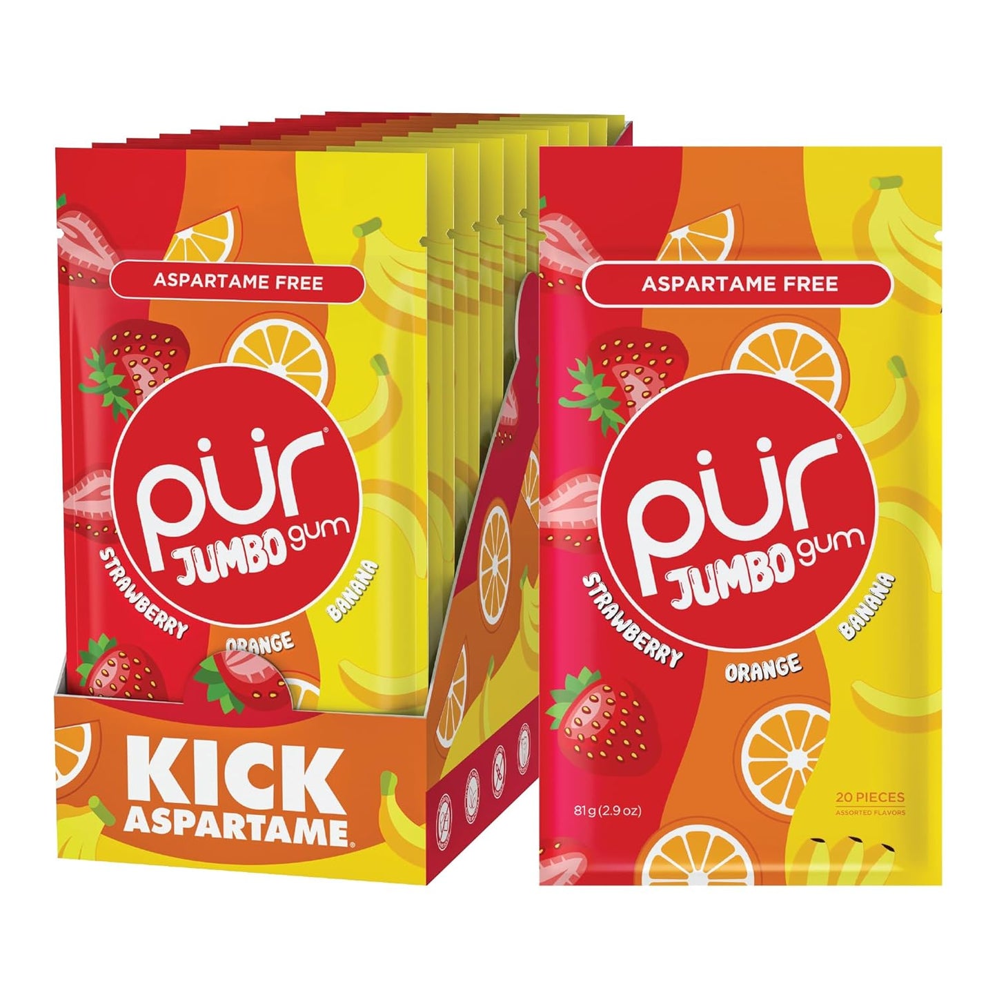 PUR Jumbo Gum - Natural Strawberry, Banana, Orange Flavor