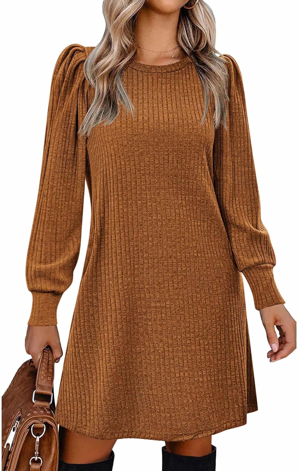 Stylish Women's Knit Dress with Puff Sleeves for Fall & Winter