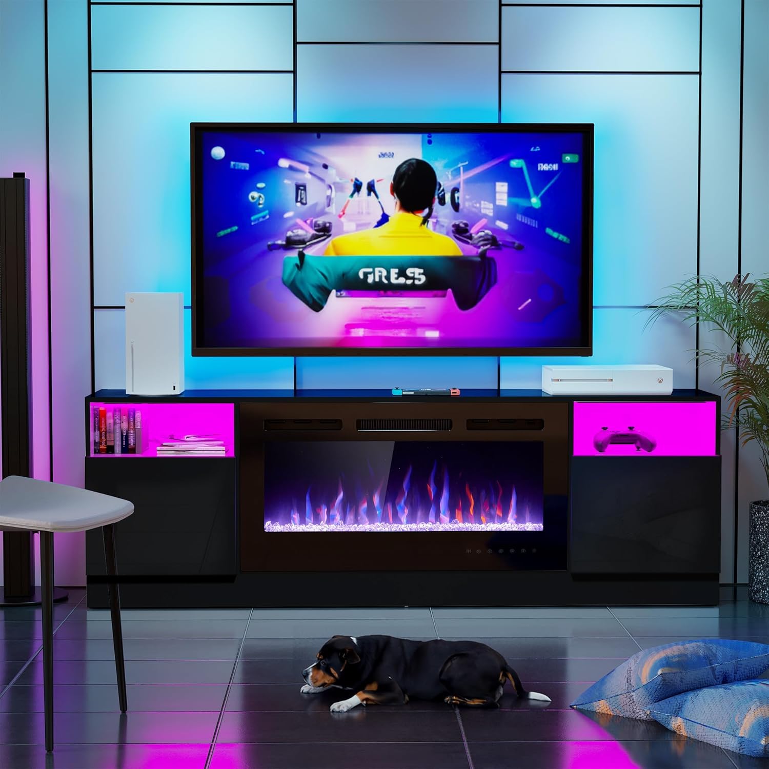 Black Fireplace TV Stand: LED Light, 36 Electric Fireplace, Storage Cabinet