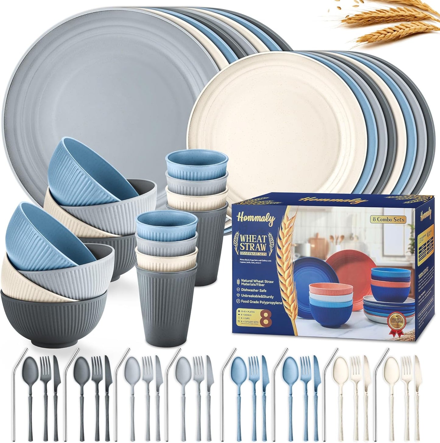 Wheat Straw Dinnerware Sets - 64-Piece Unbreakable Dish Set