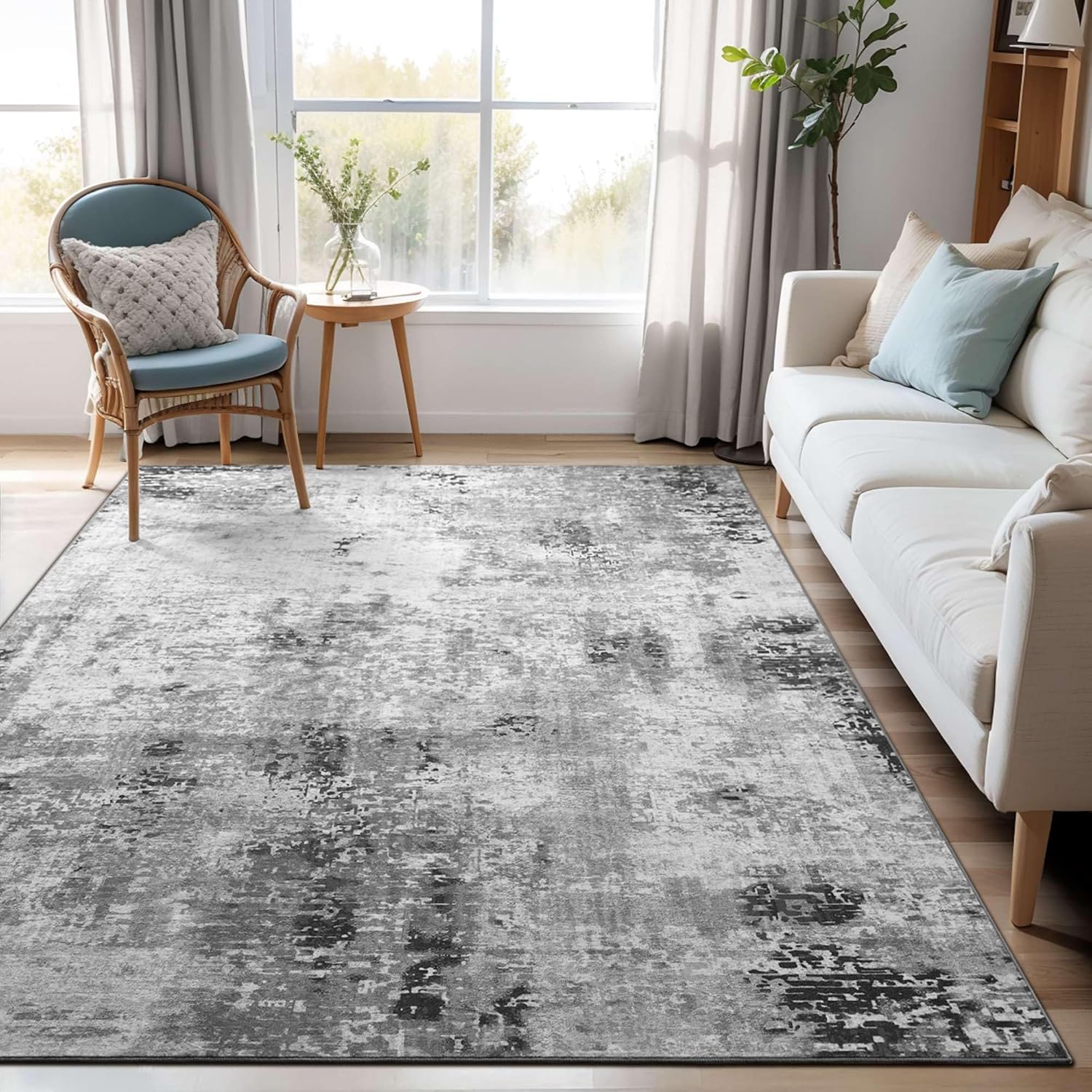 Non-Slip Washable Boho Grey Rug 4x6 - Small Area Carpet