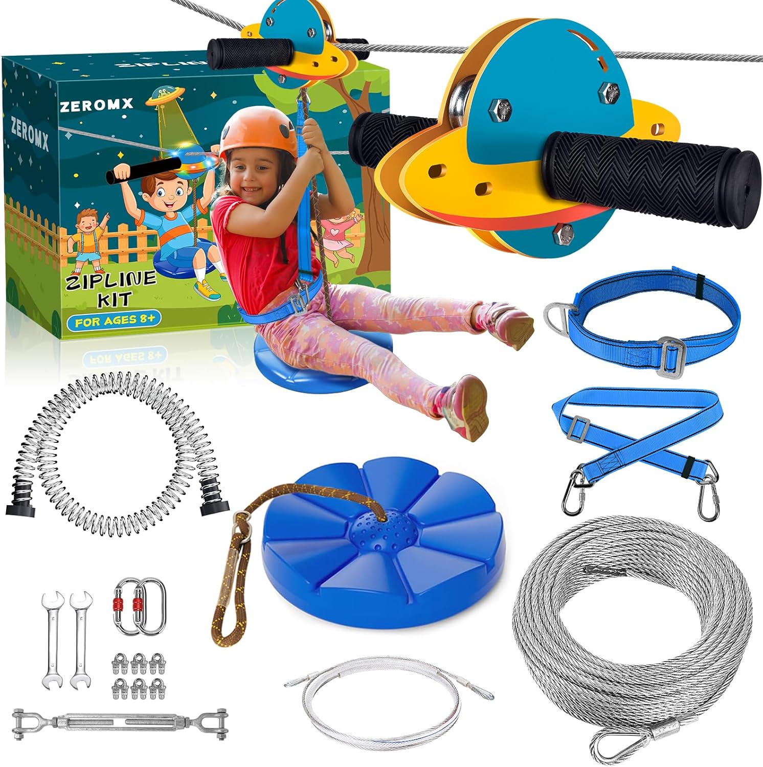 UFO Trolley Zip Line Kit for Kids and Adults, 75ft to 150ft