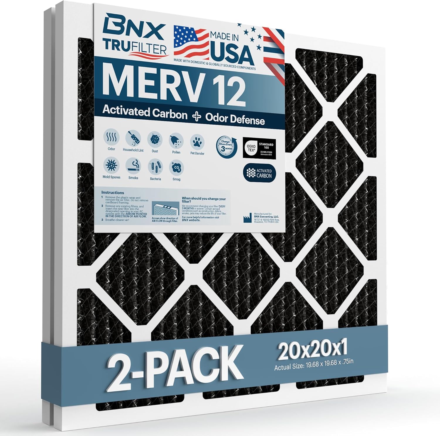 BNX TruFilter 20x20x1 MERV 12 Odor Defense Air Filters