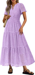 PRETTYGARDEN Womens Summer Maxi Dress V Neck Eyelet - Flowy Fit