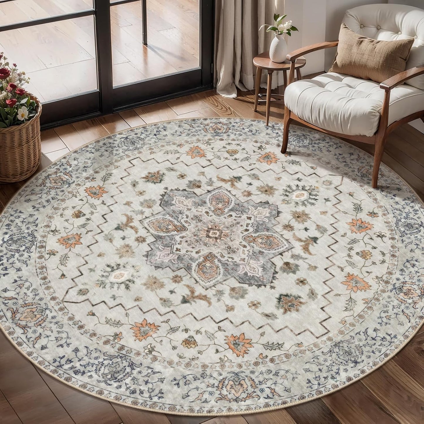 Tangsoo Vintage Round Rug 4ft Washable Non-Slip Boho Style
