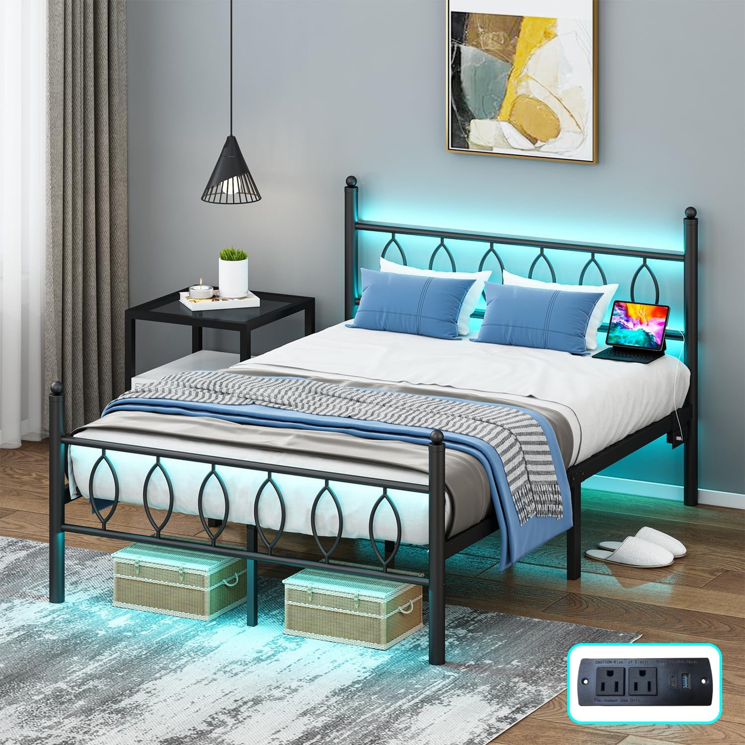 Full Size Bed Frame with Headboard and LED Lights for Comfort
