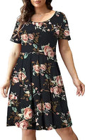 Plus Size Short Sleeve Dress Casual Pleated Swing with Pockets