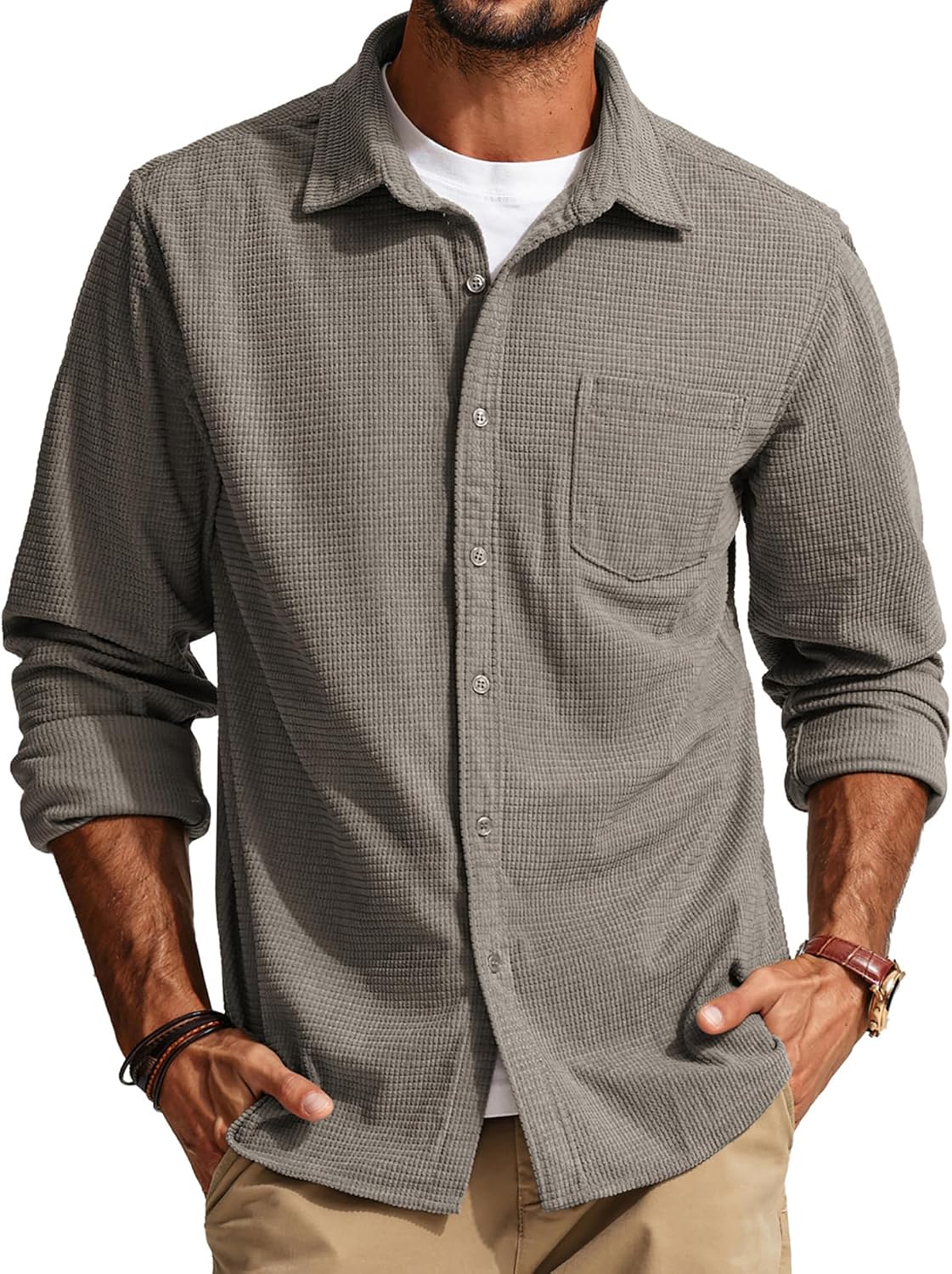PJ PAUL JONES Men's Long Sleeve Waffle Button Down Shirt Review