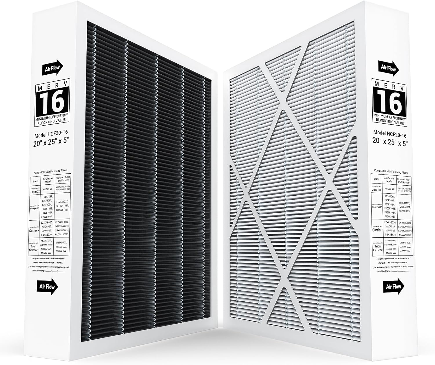 20x25x5 MERV 16 Air Filter 2 Pack for HVAC Systems