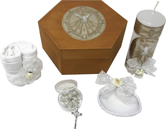Arcangeles Mexicanos Baptism Candle Set with Wooden Box and Towel