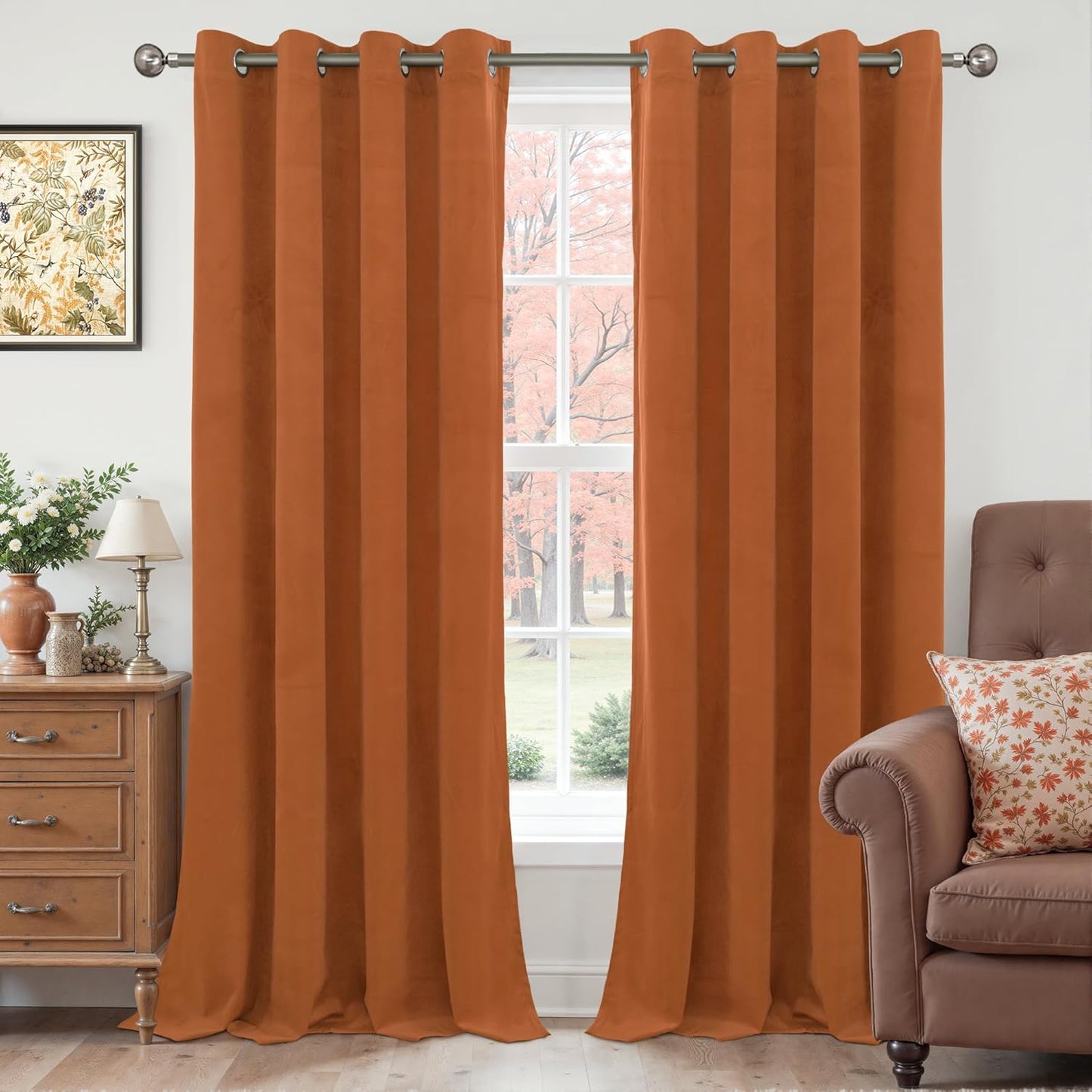 Extra Long Burnt Orange Velvet Blackout Curtains for Living Room