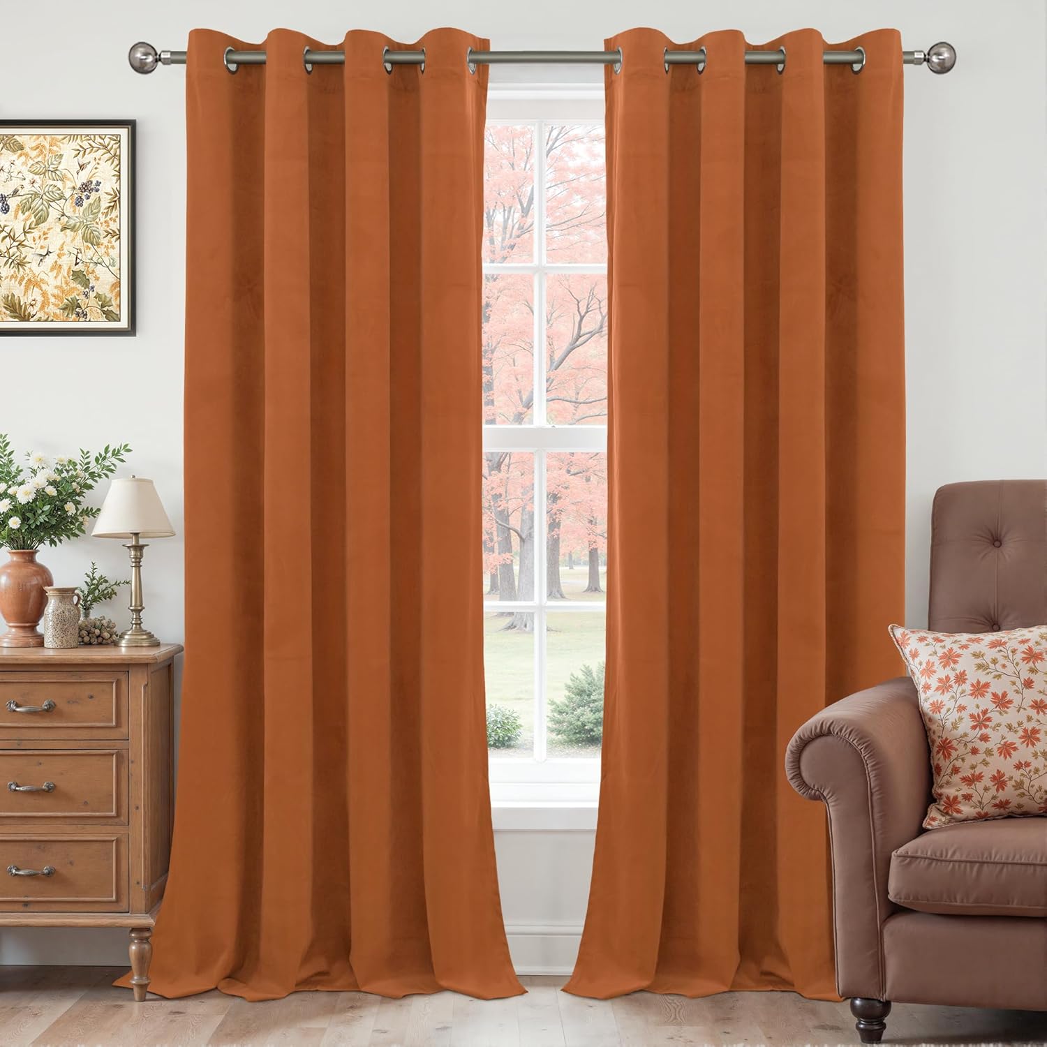 Extra Long Burnt Orange Velvet Blackout Curtains for Living Room