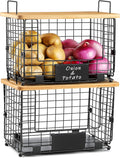 XL Stackable Wire Basket with Bamboo Tops - Pantry & Counter Organizer