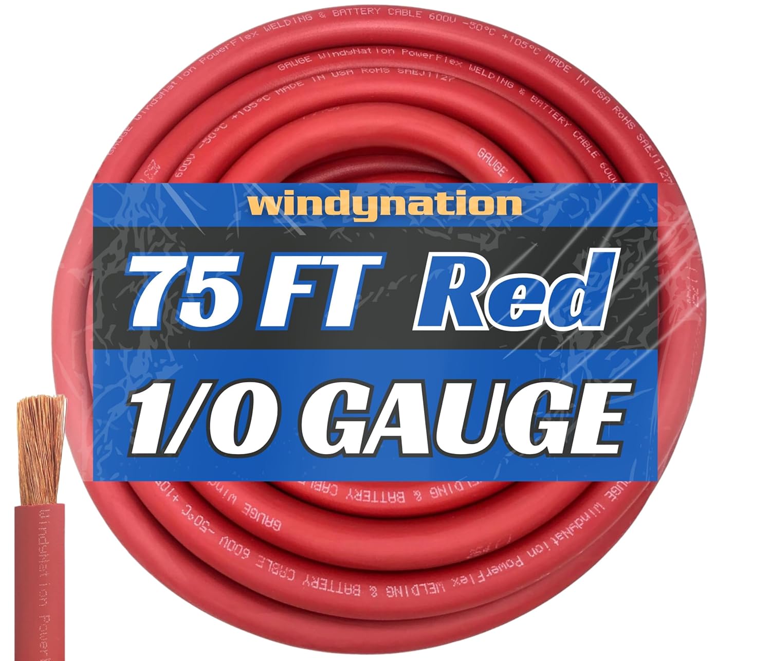 WNI 1/0 Gauge 75 Feet Red Ultra Flexible Welding Battery Cable