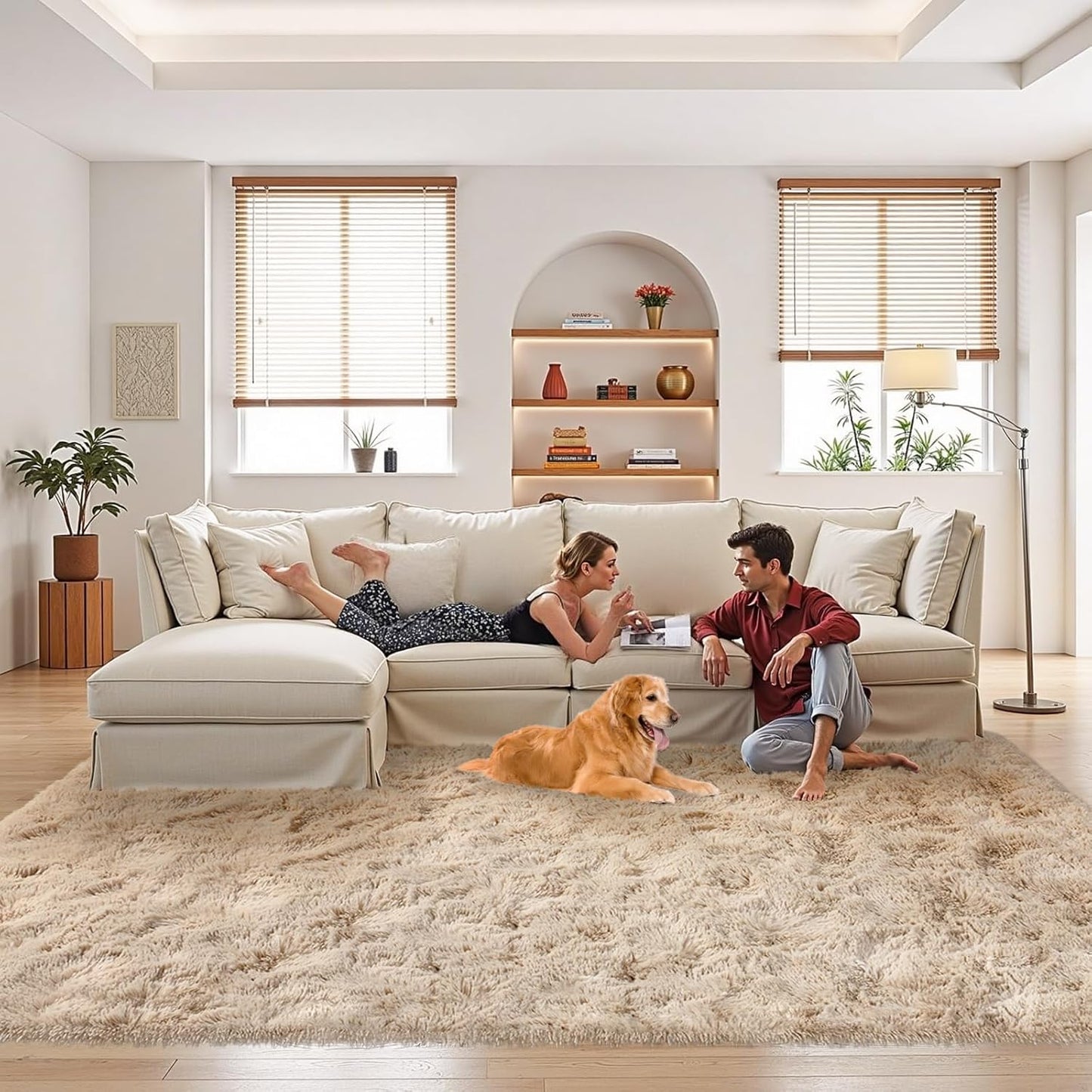 FinRec Tan Rugs for Bedroom Living Room, 5x8 Feet Fluffy Plush