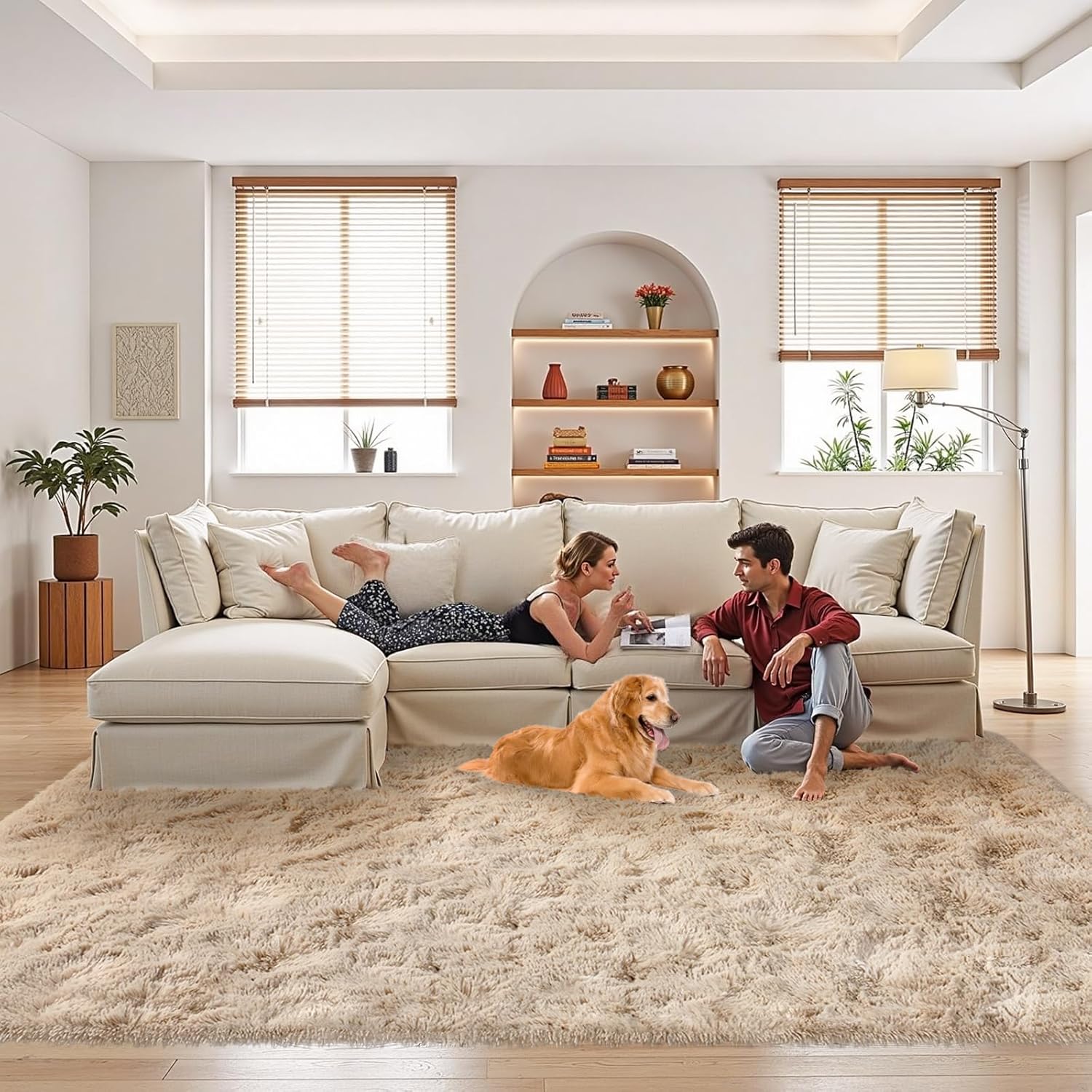 FinRec Tan Rugs for Bedroom Living Room, 5x8 Feet Fluffy Plush