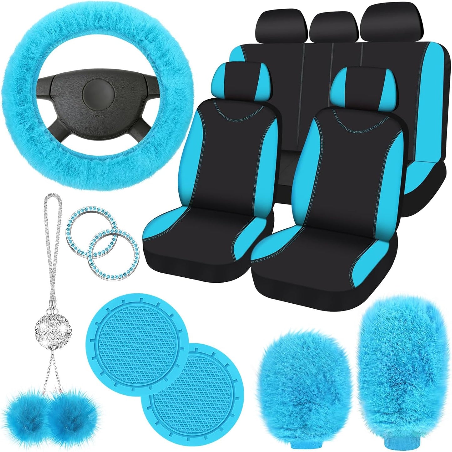 Fulmoon 17 Pcs Car Seat Cover Set for Women Fluffy Accessories