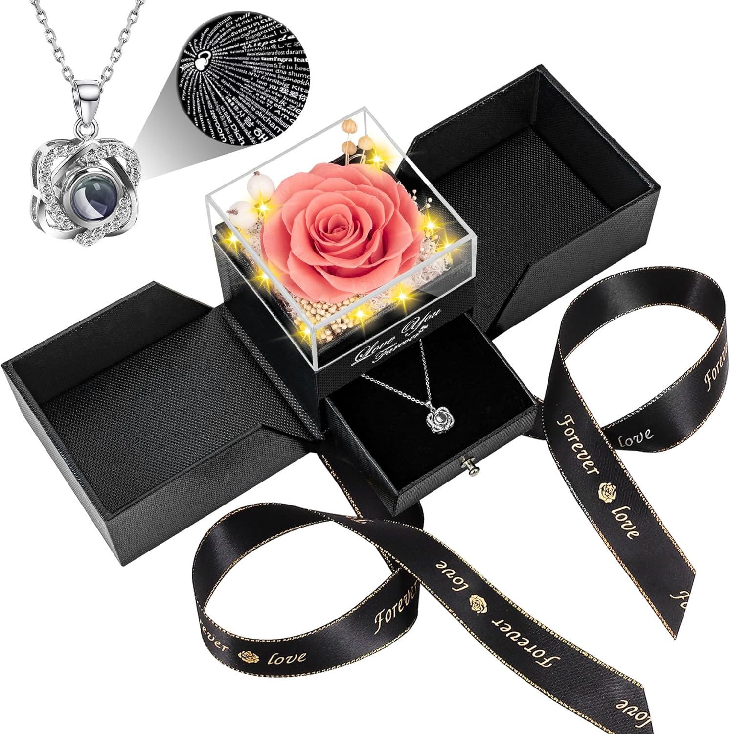 Preserved Pink Peach Real Rose with Heart Necklace for Her
