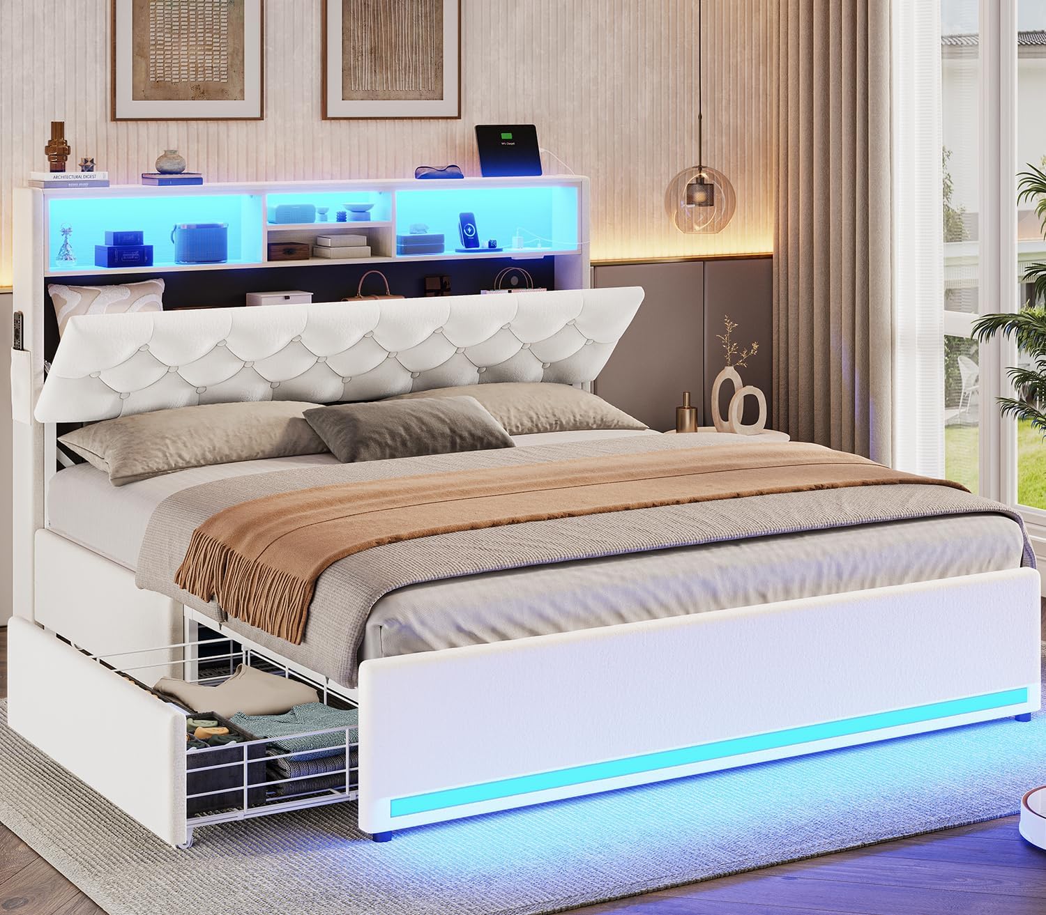 Queen Bed Frame with 4 Drawers & LED Storage Headboard