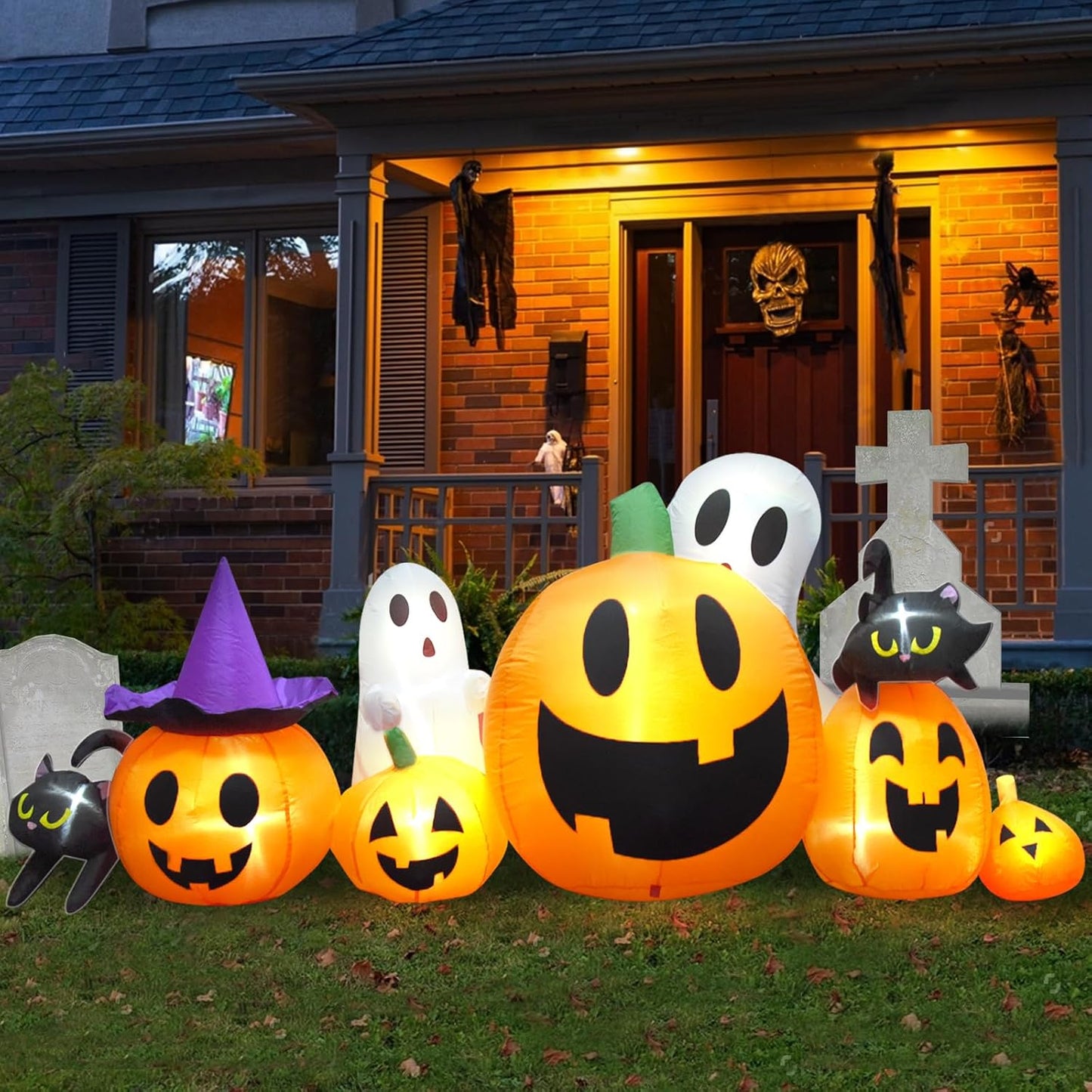 8FT Long Halloween Inflatables Pumpkin Ghost Cat for Yard Fun