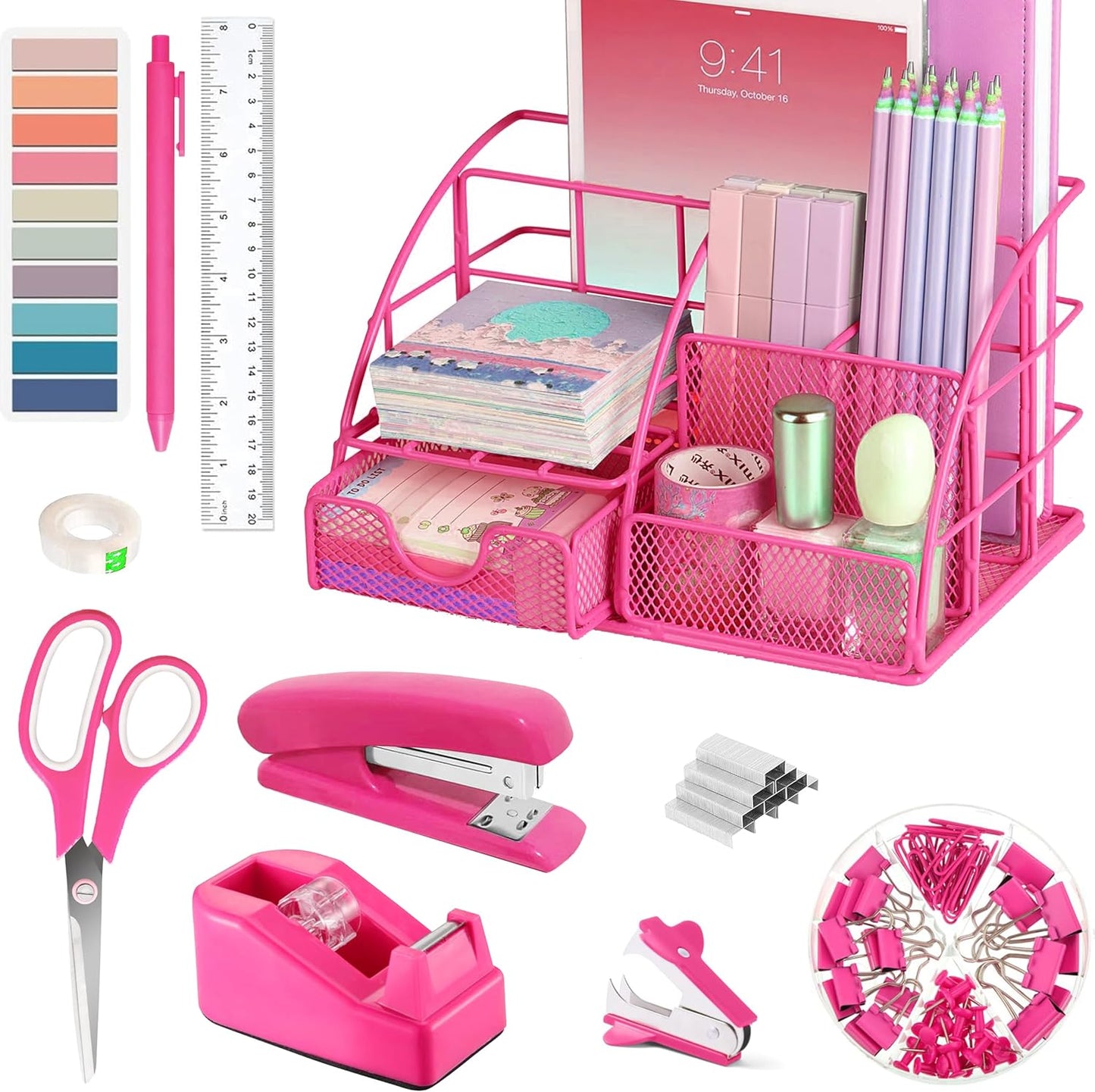 12-Piece Hot Pink Desk Set for Stylish Organization