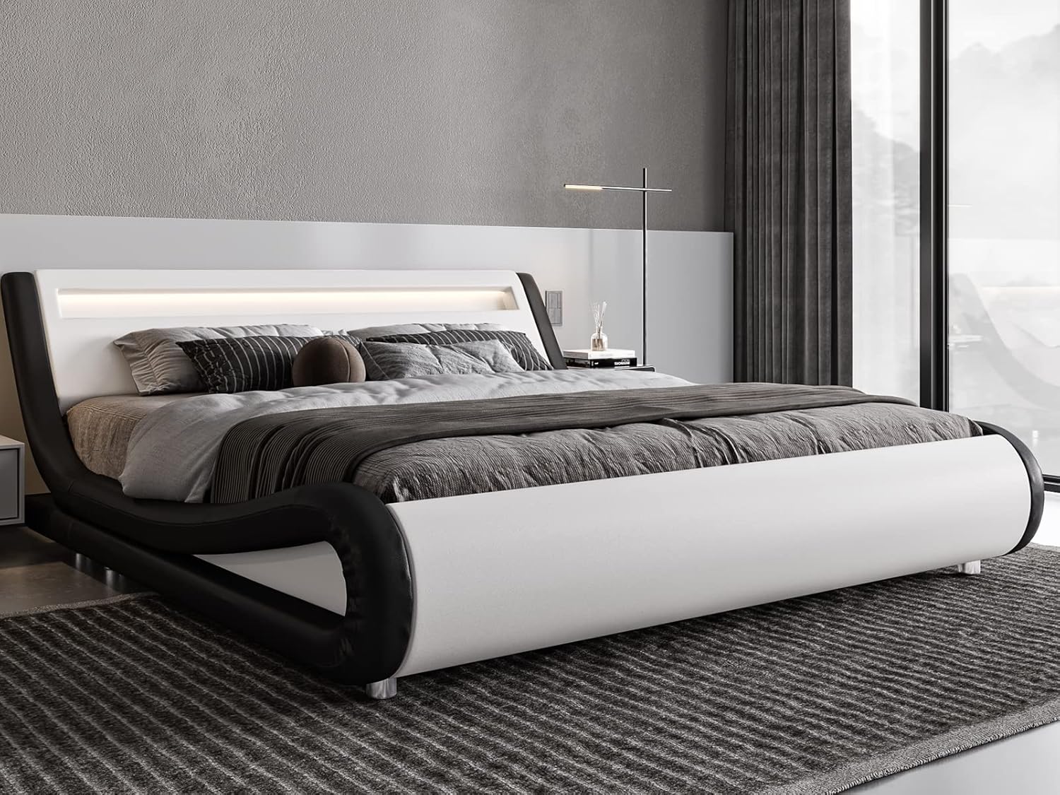 Allewie Full Size LED Platform Bed Frame with Adjustable Headboard