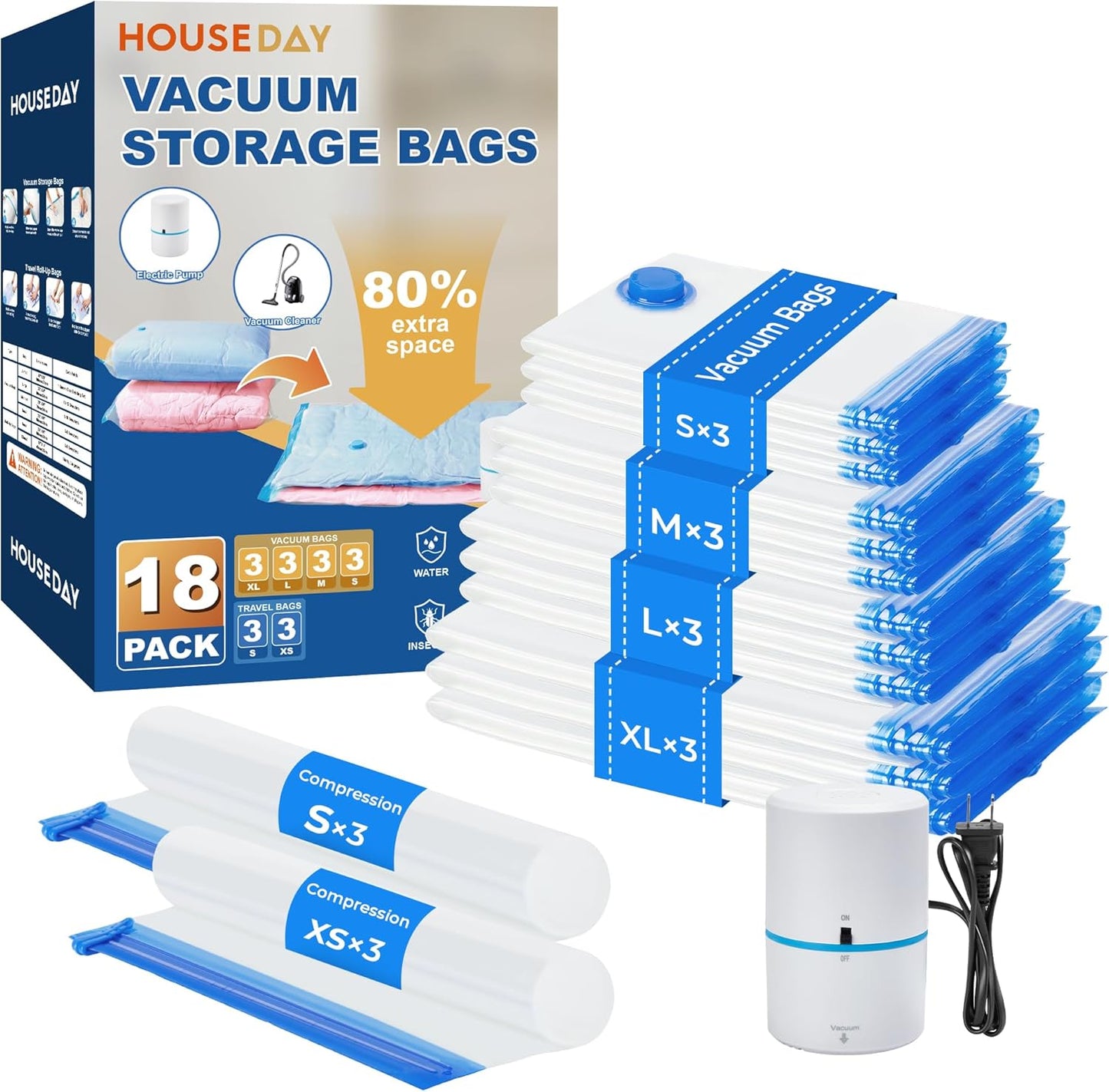 HOUSE DAY Vacuum Storage Bags with Electric Pump for Space Saving