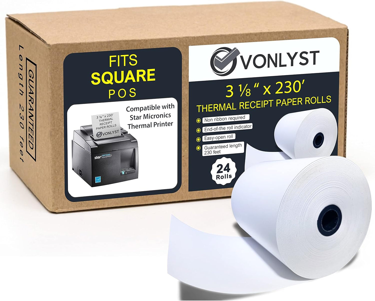 Receipt Paper Roll 3 1/8 x 230 for Square POS System - 24 Pack