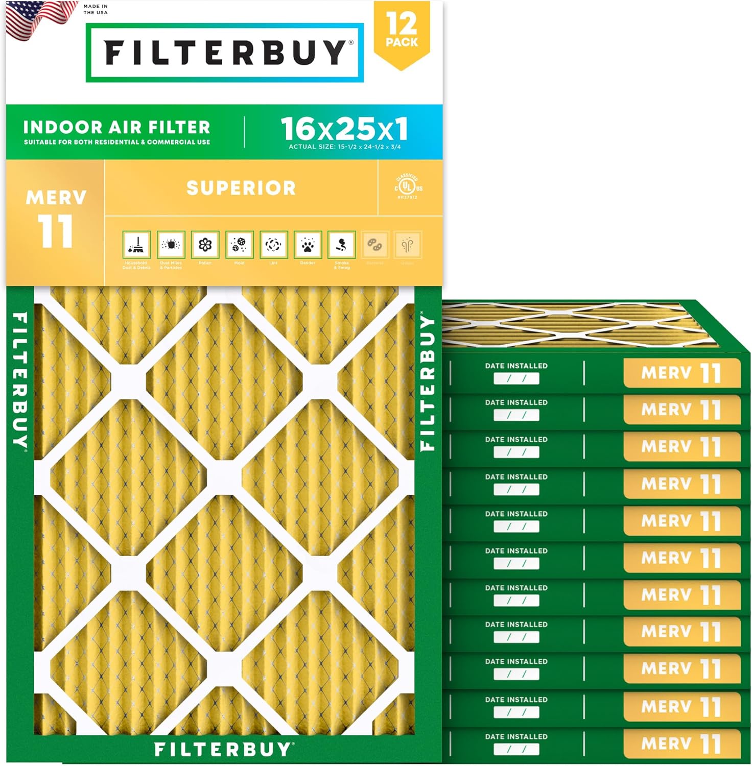 Filterbuy 16x25x1 Air Filter MERV 11 for Pet & Allergy Defense