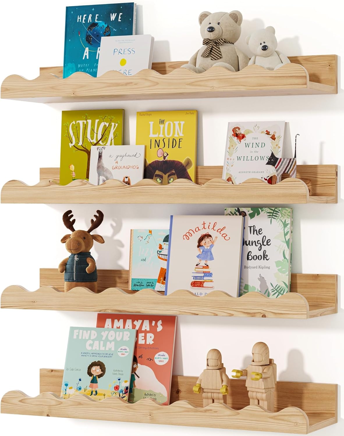 Kids' Bookshelf Set of 4 - Floating Wood Shelves for Nursery