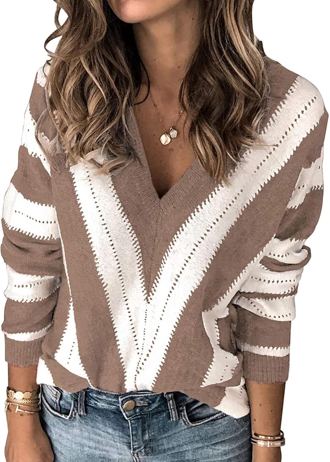 PRETTYGARDEN Long Sleeve Striped Knitted V Neck Pullover Tops