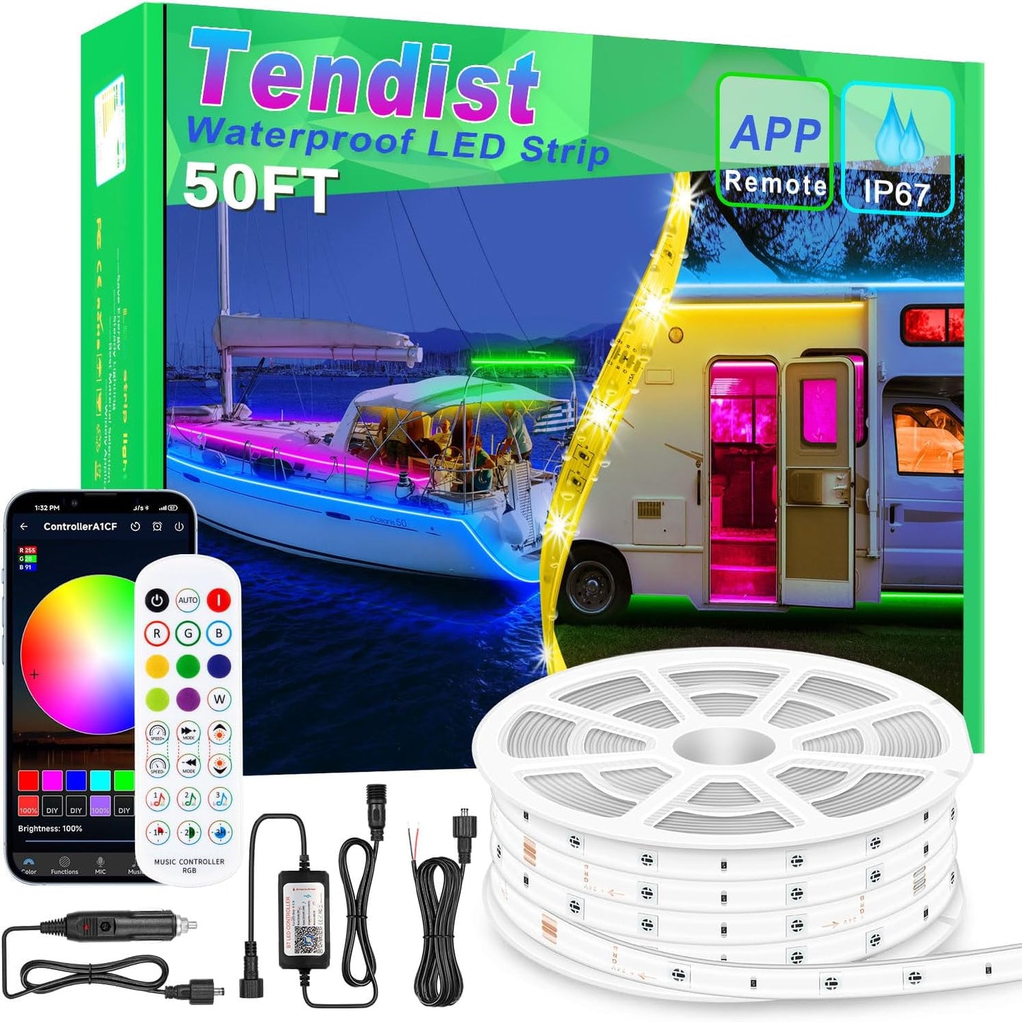LED Waterproof Boat Lights for Pontoon and Kayak - 50FT Strip