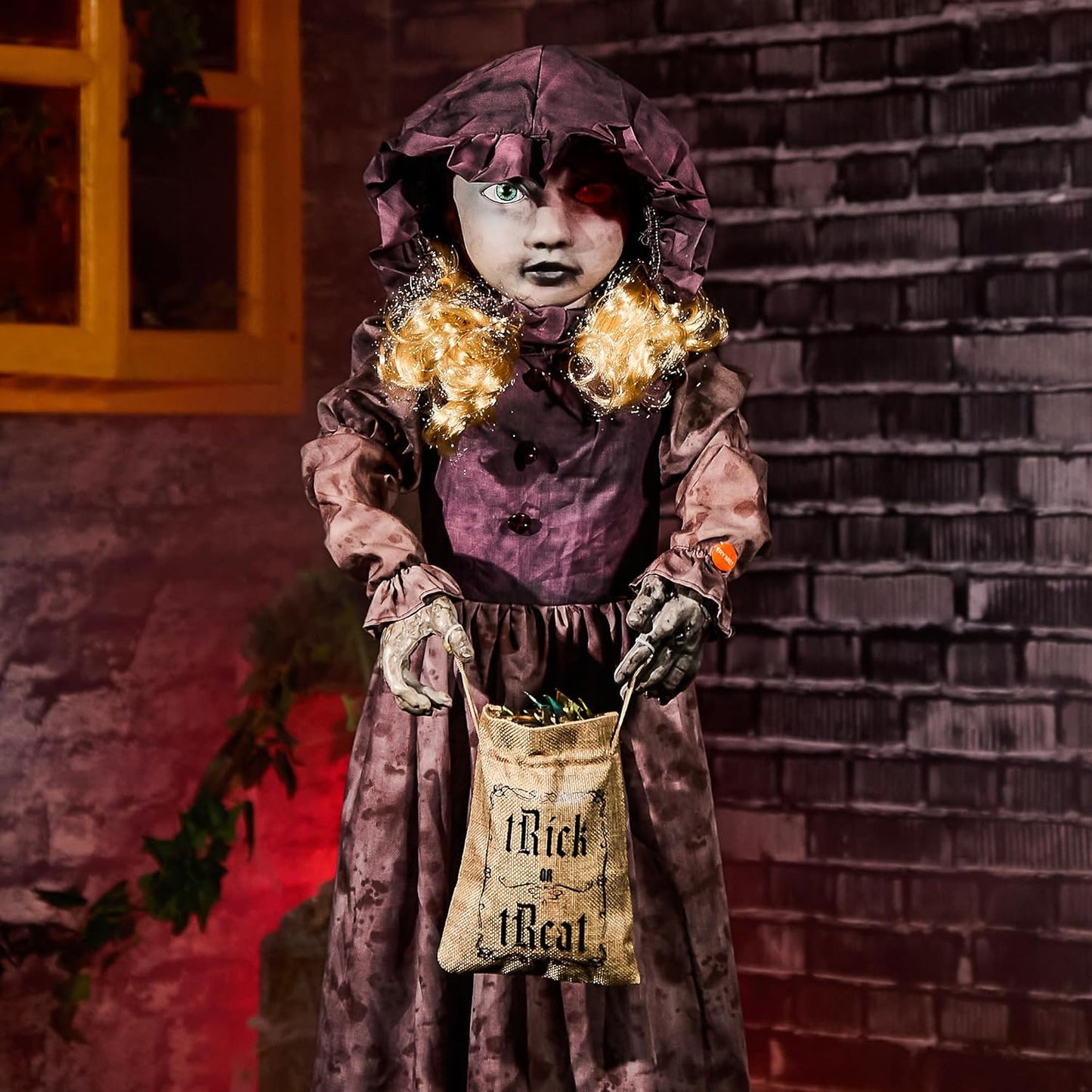 Creepy 4ft Two-Face Doll Animatronics for Halloween Decor