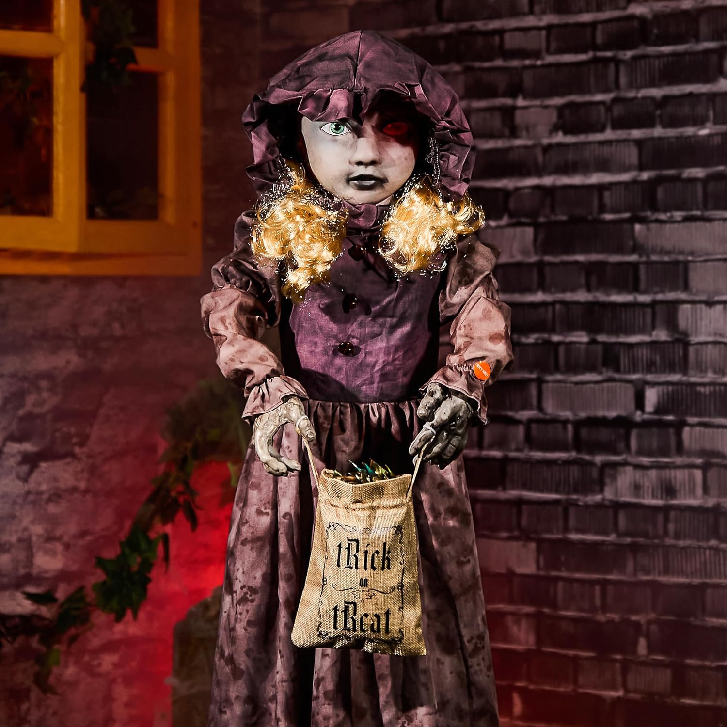 Creepy 4ft Two-Face Doll Animatronics for Halloween Decor