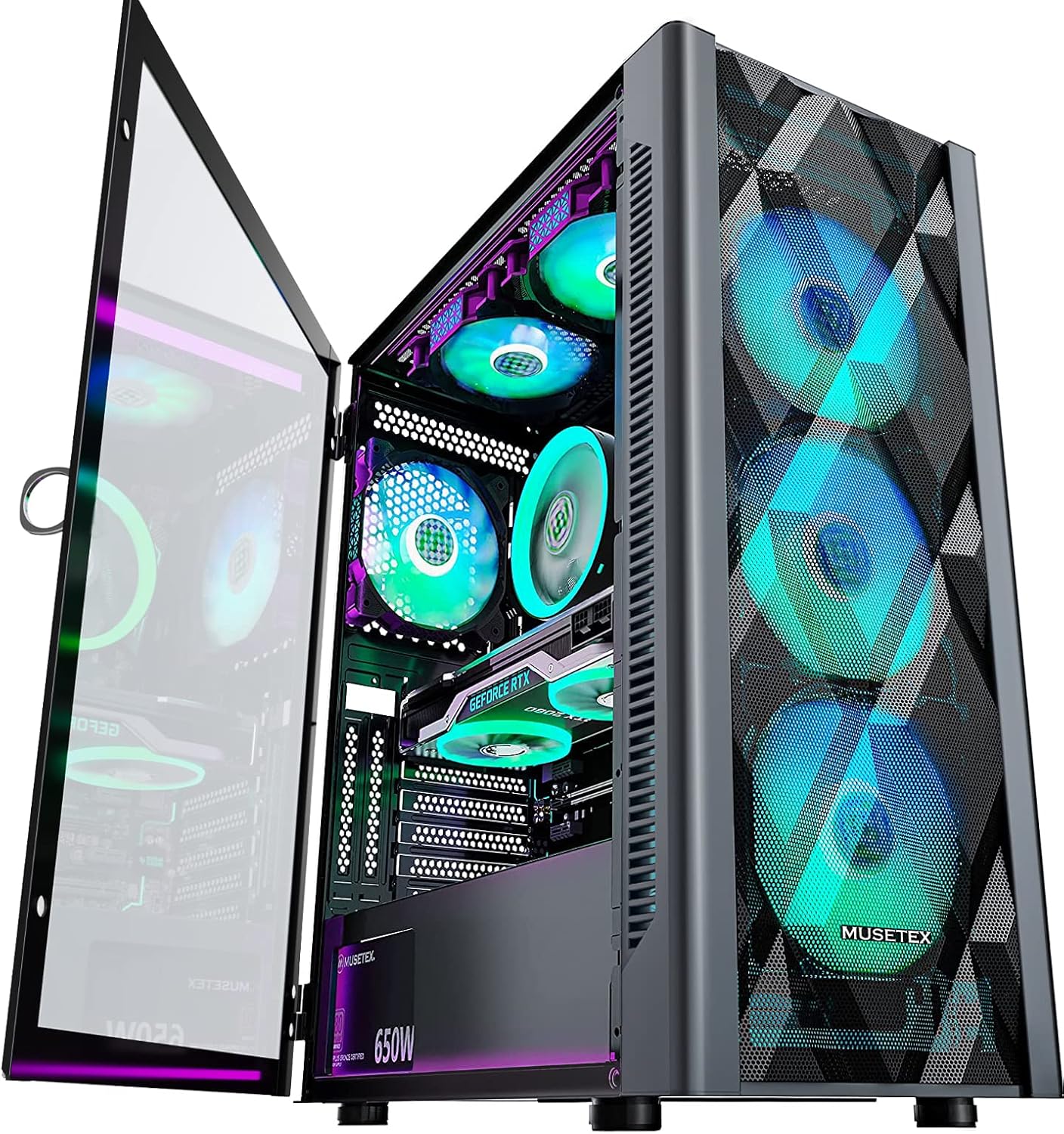 MUSETEX ATX Case: 6 ARGB Fans, Mesh Design, Tempered Glass Panel