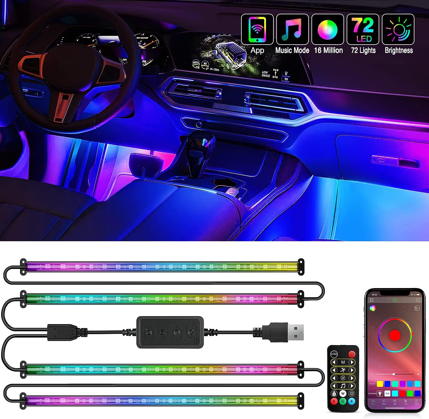 Nilight 72 LED USB Interior Strip Lights with Dream Color RGB-IC