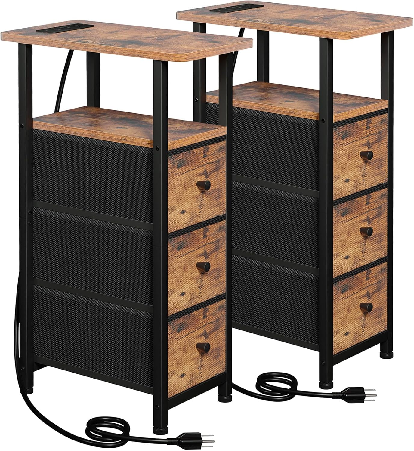 Narrow End Tables Living Room Set of 2 with Charging Station