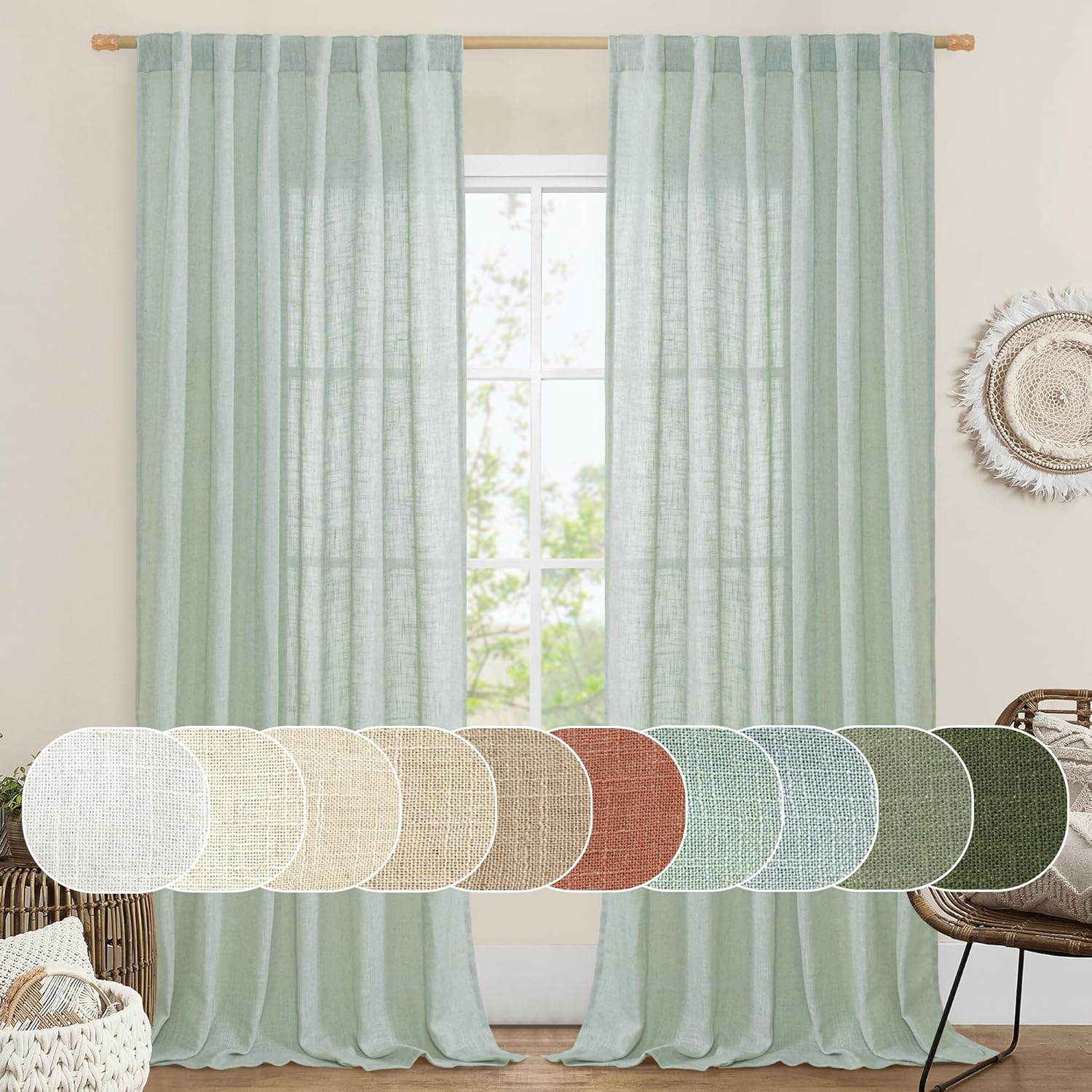 LAMIT Living Room Linen Curtains 95 Inch Light Filtering Drapes