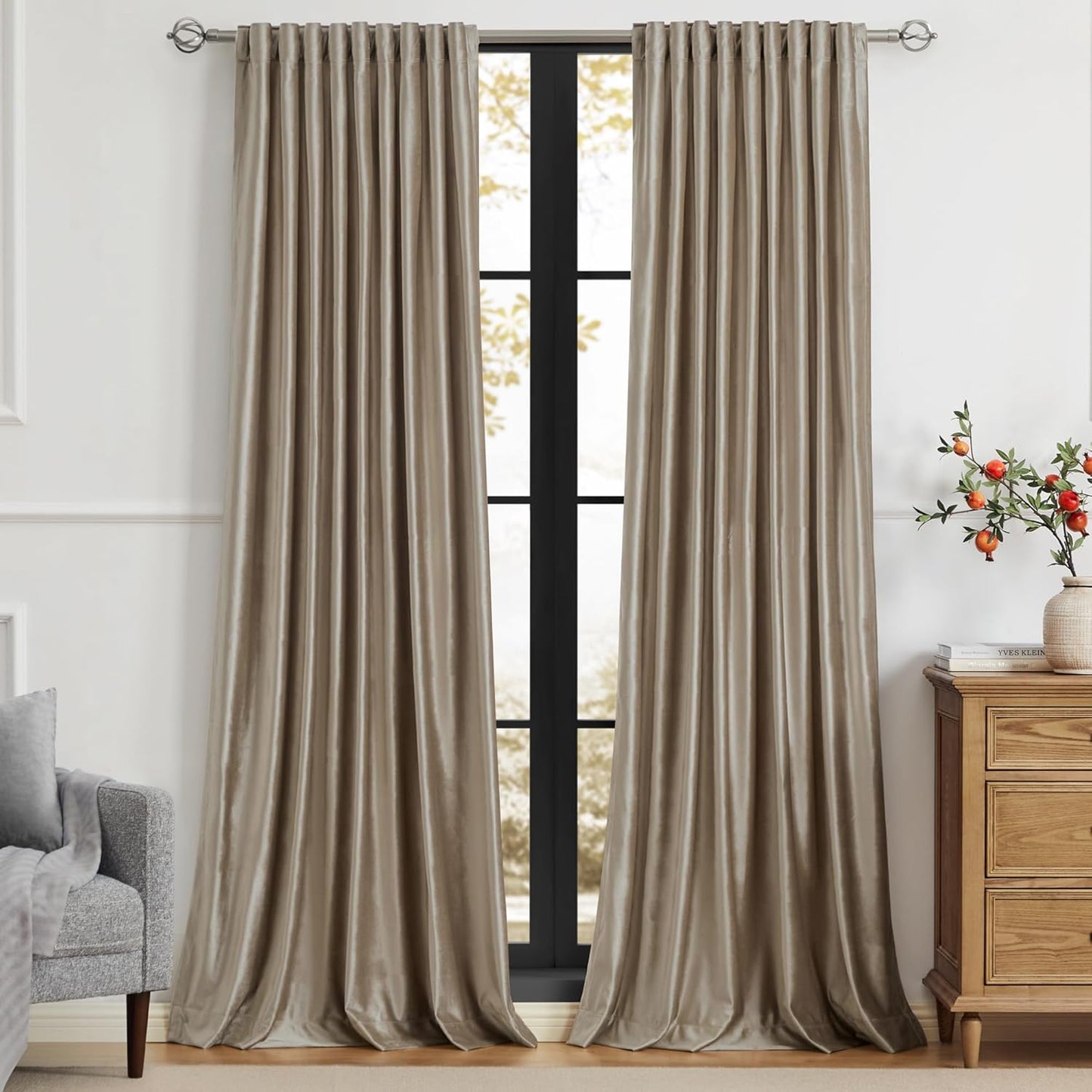 PRIMROSE Taupe Velvet Curtains 90 inch for Living Room Decor